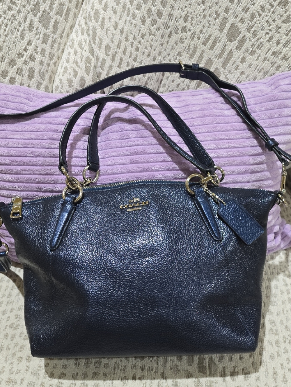 Coach Pebbled Leather Shoulder Satchel - Metallic Navy Blue